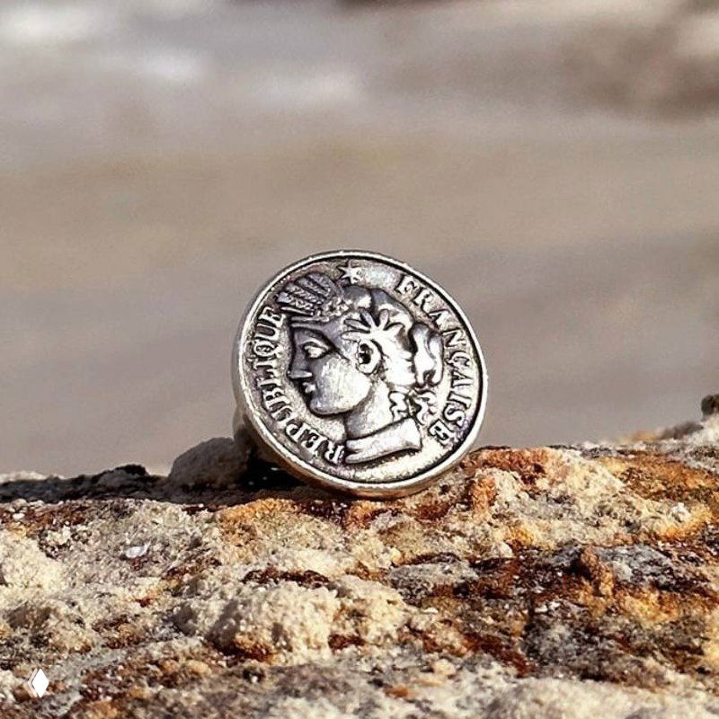 Макро-съёмка декоративной металлической монеты из коллекции Ciclon на природном фоне; детальная текстура и рельефные элементы монеты.