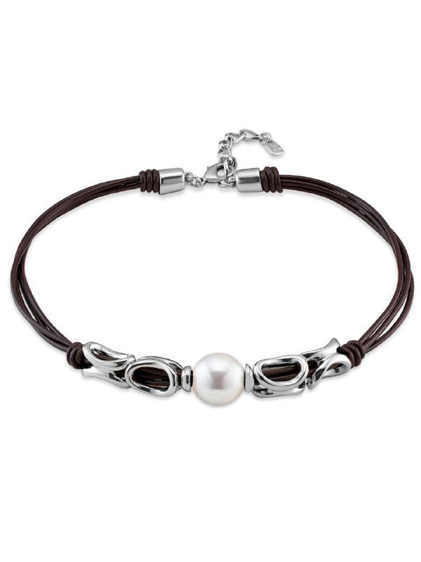 Фото колье Legend на белом фоне: кожаная основа, серебряные и золотые элементы, крупная центральная жемчужина Swarovski.