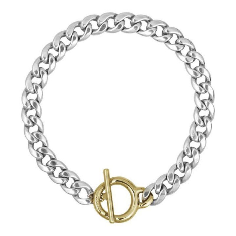 Изображение плоского серебристого браслета с круглым замком-фиксатором на белом фоне — возможный браслет-компаньон к колье