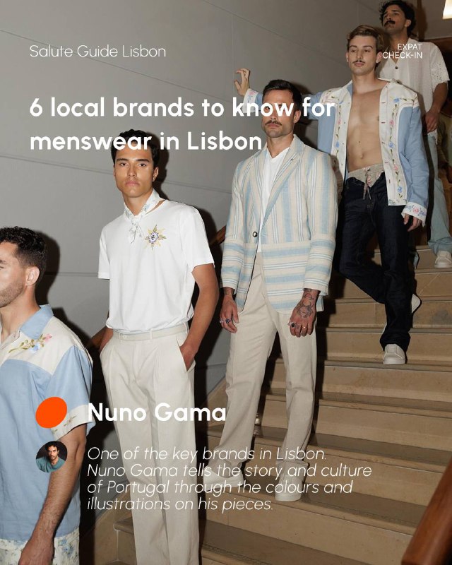 Group photograph of male models on stairs in coordinated light-toned outfits, presenting tailored looks and runway-inspired menswear silhouettes in Lisbon context.