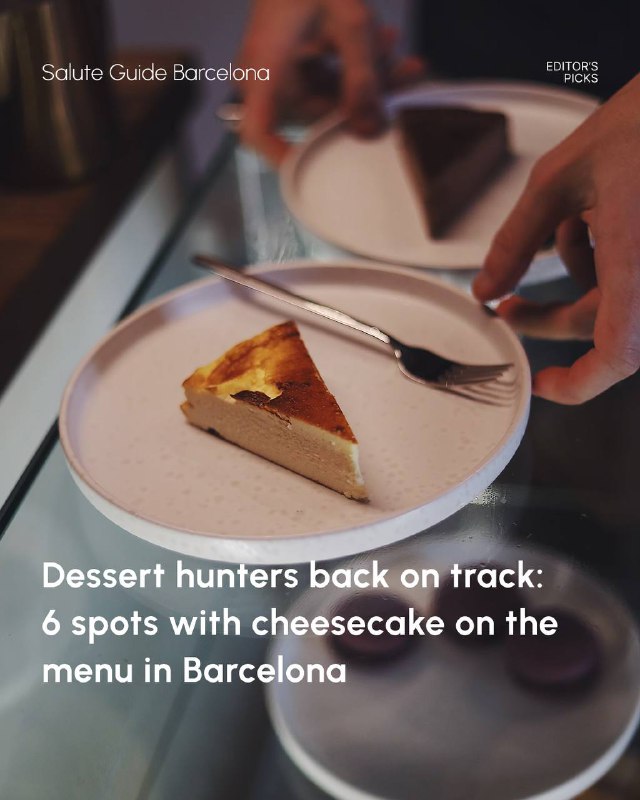 Close-up of a triangular slice of cheesecake on a white plate, fork and hand visible, cafe counter and blurred pastries in the background.