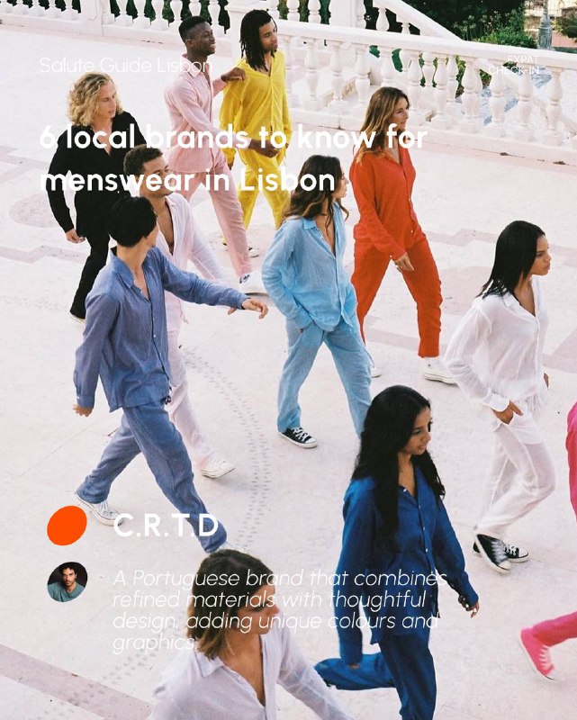 Group of models walking on ornate white steps in colourful coordinated outfits, showing diverse silhouettes and group presentation of local menswear labels.