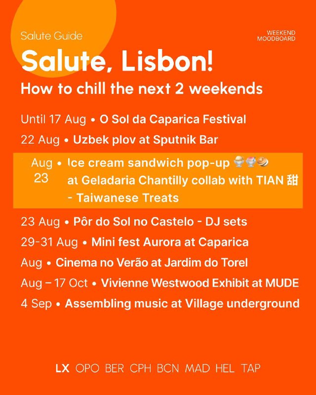 Orange poster titled Salute, Lisbon! listing weekend ideas and dates in bold type, short event snippets and a warm gradient background for the city guide.