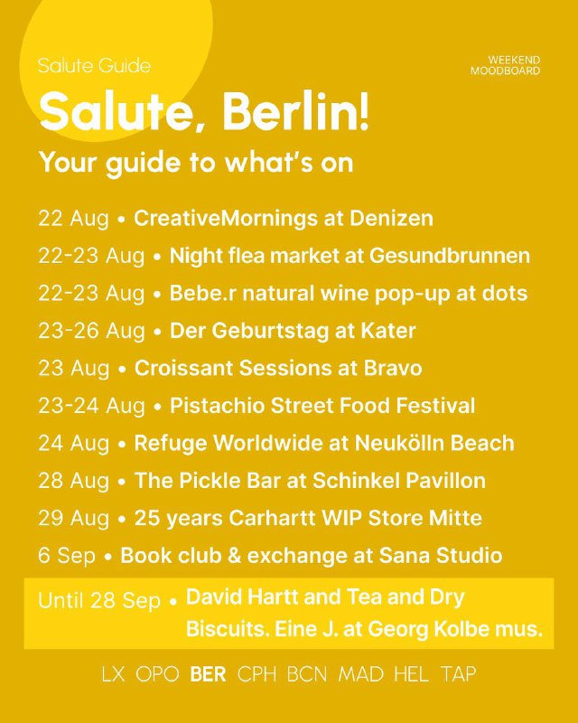Yellow poster titled Salute, Berlin! featuring a concise events list for upcoming dates, bright gradient background and clear typographic hierarchy for the guide.