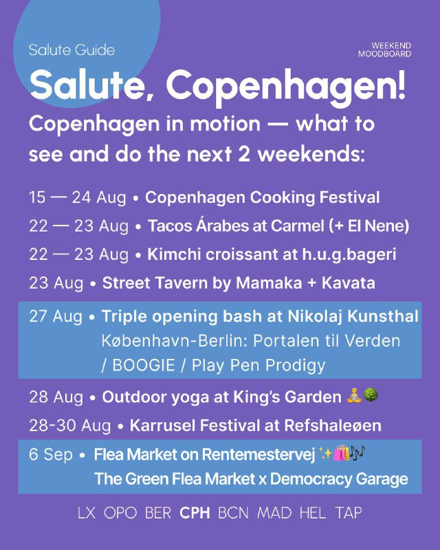 Blue-green poster for Salute, Copenhagen! showing festival and event dates with short bulleted items and a colorful gradient backdrop in poster-style layout.