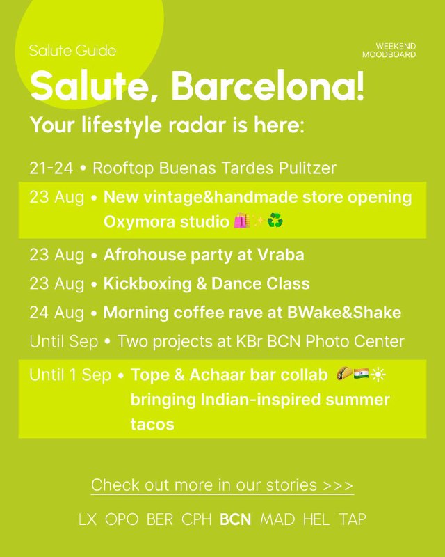Light green poster titled Salute, Barcelona! with lifestyle radar text, highlighted dates and small event items arranged over a vibrant poster-style background.