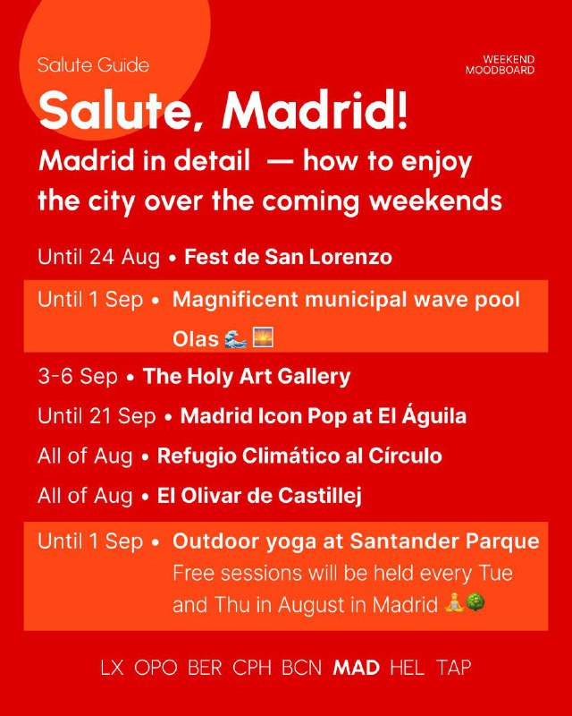 Red poster for Salute, Madrid! listing city events, festival dates and short highlight lines displayed in bold white type over a warm red gradient background.