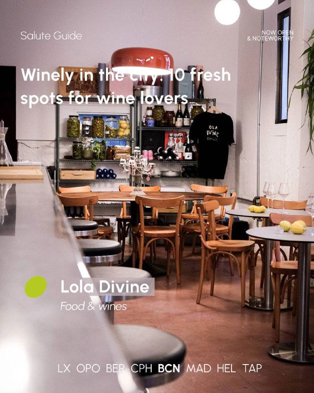 Bright, minimal interior of a small restaurant with wooden tables and chairs, light colours and a casual atmosphere for wine and food.