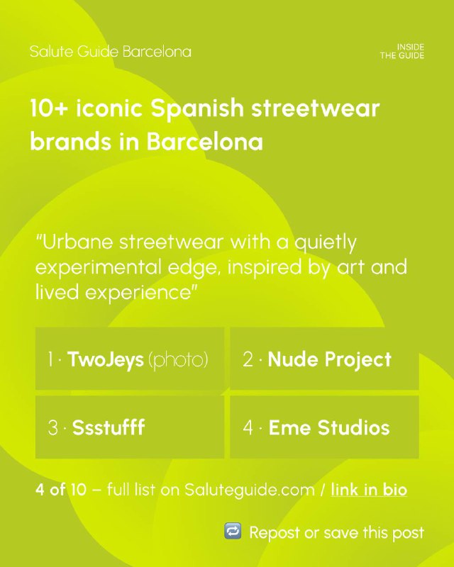 Green promotional graphic listing Spanish streetwear brands (TwoJeys, Nude Project, Ssstufff, Eme Studios) with title text about Barcelona brands.