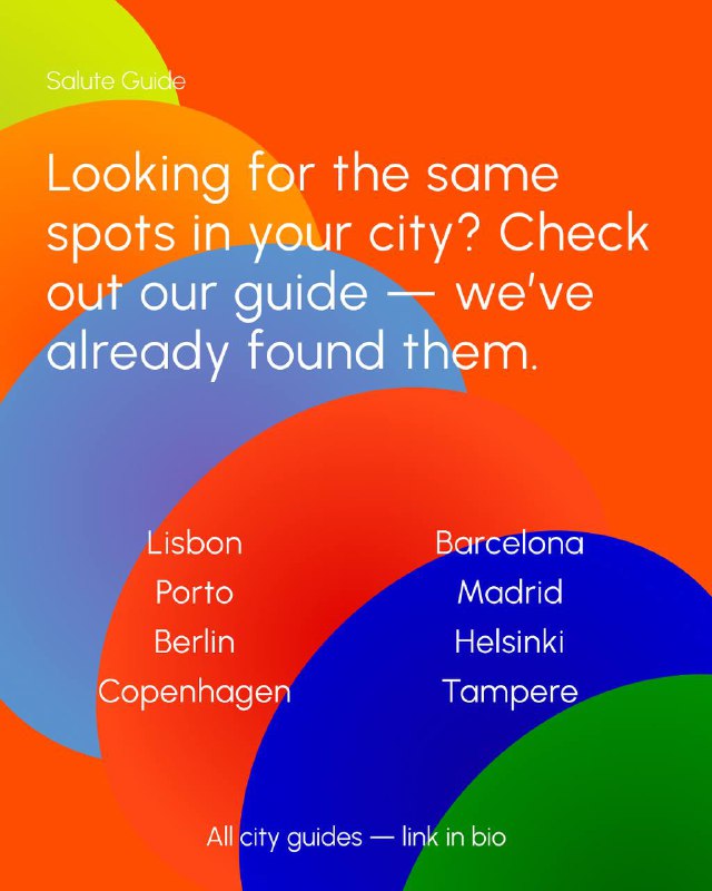 Graphic slide with colourful circular shapes and a list of city names including Lisbon, Porto and Barcelona promoting the Salute city guides.