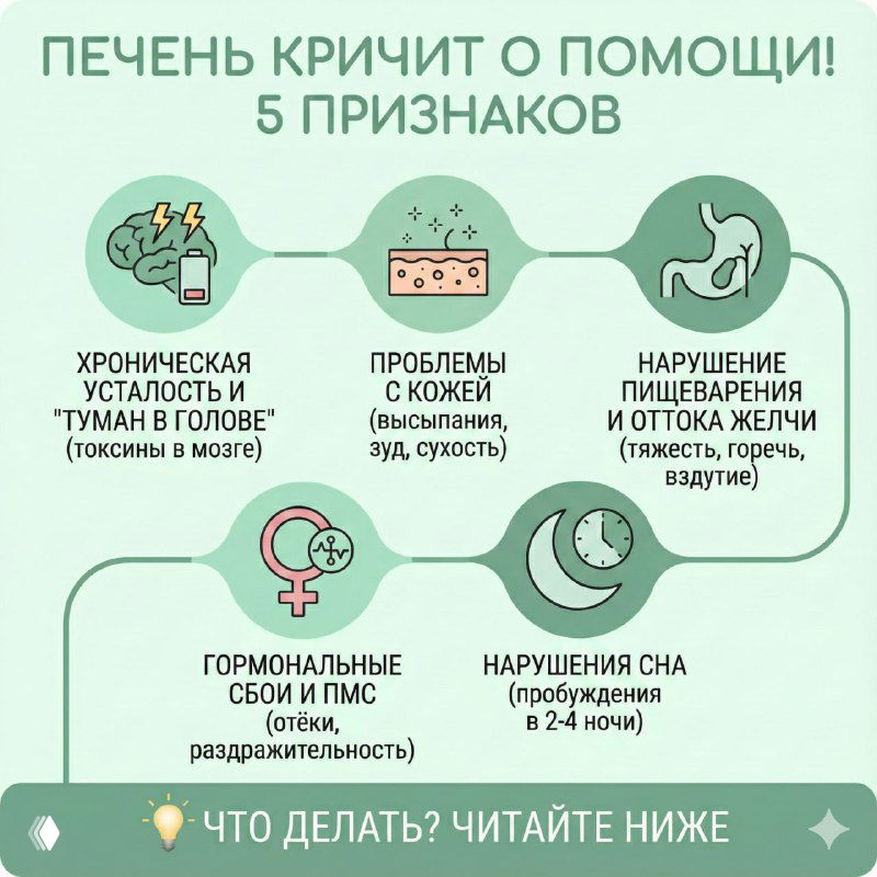 Инфографика: «Печень кричит о помощи! 5 признаков» — симптомы перегрузки печени: усталость, проблемы с кожей, застой желчи, гормональные нарушения