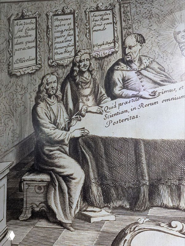 Чёрно‑белая гравюра Яна Гевелия: стилизованный портрет Мирзо Улугбека с коллегами, подписи и композиция эпохи, бумажная текстура.