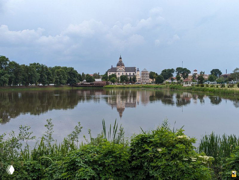 Вид на Несвижский замок и противоположный берег Бернардинского пруда с растительностью на переднем плане и отражением замка в воде, туристический ракурс.