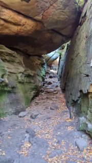 Узкий сквозной проход между высокими стенами из песчаника, покрытый мелкими камнями и опавшей листвой, видна туристическая тропа внутри.
