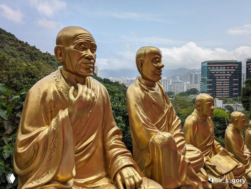Позолоченные фигуры Будд в ряд на террасе монастыря, на фоне холмов и высотных зданий Гонконга, видно городской пейзаж.