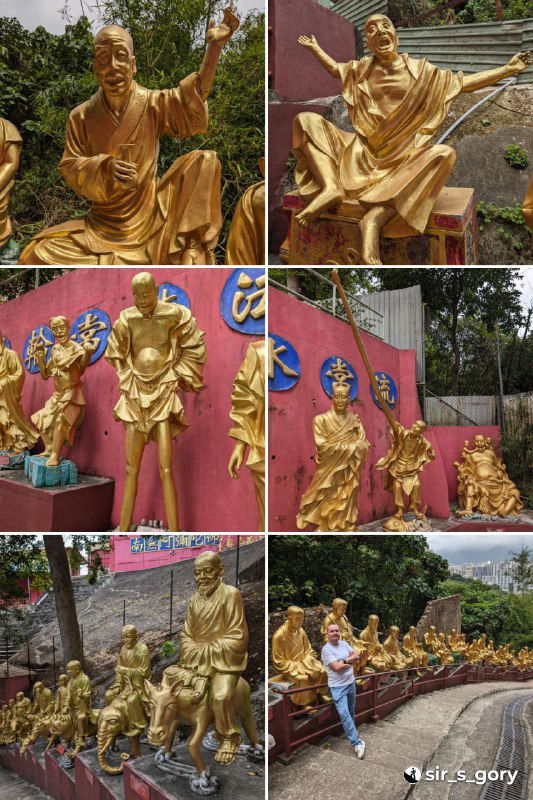 Коллаж из нескольких позолоченных статуй в разном ракурсе на фоне розовой стены и декора комплекса, демонстрация разнообразия образов Будд.