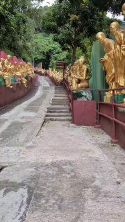 Путь с рядами золотых статуй по краю лестницы, ведущей к храмовому комплексу, окружённый зелёной растительностью и тенистыми деревьями.