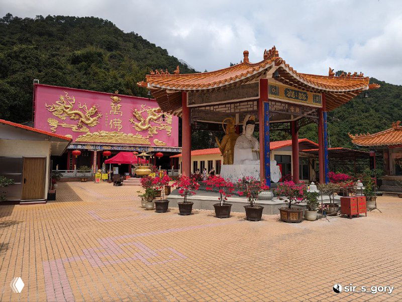 Внутренний двор с павильоном, цветочными горшками и архитектурой храма в Монастыре десяти тысяч Будд, тёплый дневной свет и культурная атмосфера.