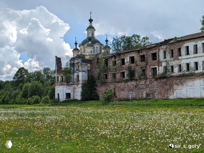 Полуразрушенное кирпичное здание монастырского комплекса на лугу, массивные стены, множество окон и сохранившийся купол церкви под хмурым небом.