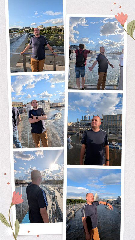 Коллаж снимков автора на набережной и Парящем мосту в Зарядье: человек на фоне Москвы‑реки, небо и городской пейзаж во время прогулки