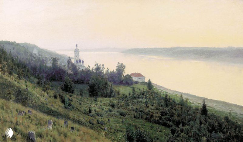 Репродукция картины Левитана «Вечер. Золотой Плес»: вечерний пейзаж с Варваринской церковью на холме и рекой внизу.