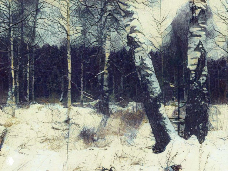 Снежные берёзы в стиле Левитана: ИИ-преображение фотографии Плёса, холодная палитра, фактурные штрихи и графичность зимнего этюда.