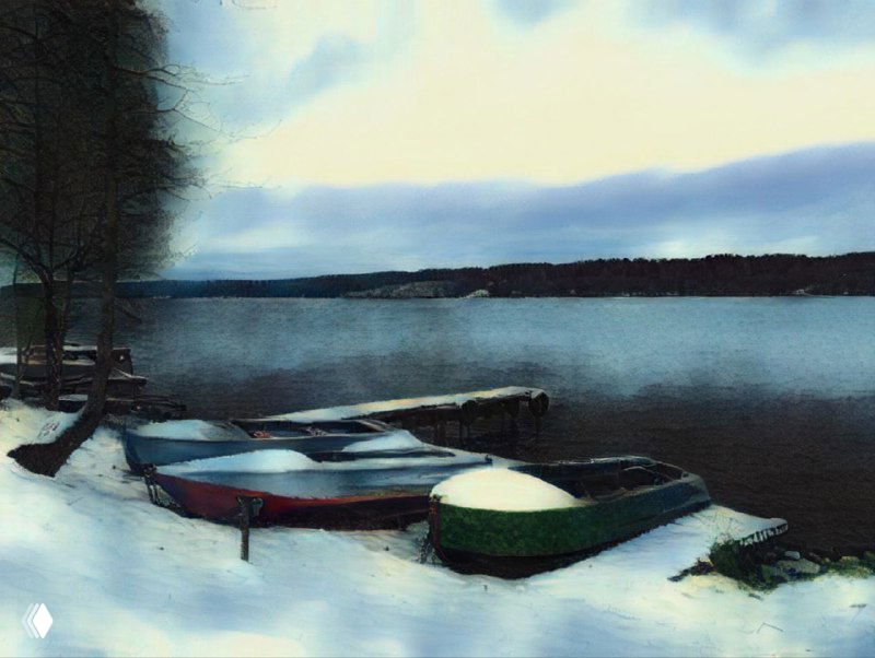 Лодки на зимнем берегу Волги, ИИ-версия по мотивам Левитана: снег, приглушённые цвета и мягкие контуры на водной глади Плёса.