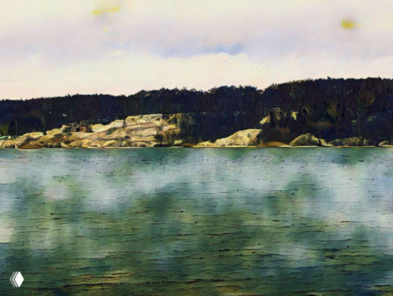 Скалы и открытая вода на высоком берегу — ИИ-обработка с акцентом на рельеф, тональные переходы и атмосферу северной Волги.