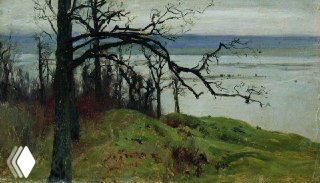 Высокий берег с голым деревом и остатками растительности, ИИ-вариант этюда Левитана, ощущение поздней осени и прохлады Плёса.