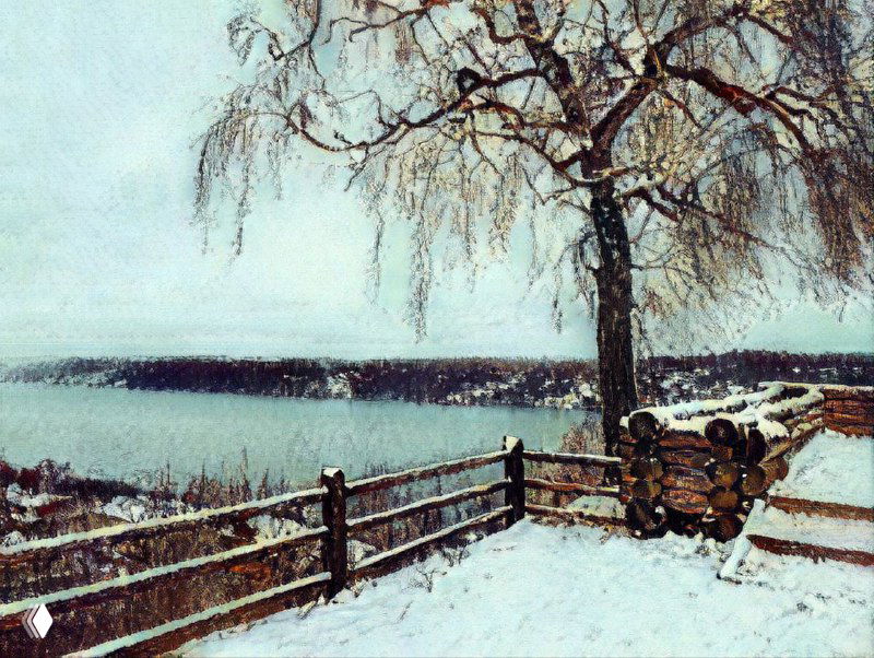 Заснеженный забор и колоды на фоне Волги, ИИ-обработка с текстурой холста и приглушённой палитрой конца ноября в Плёсе.