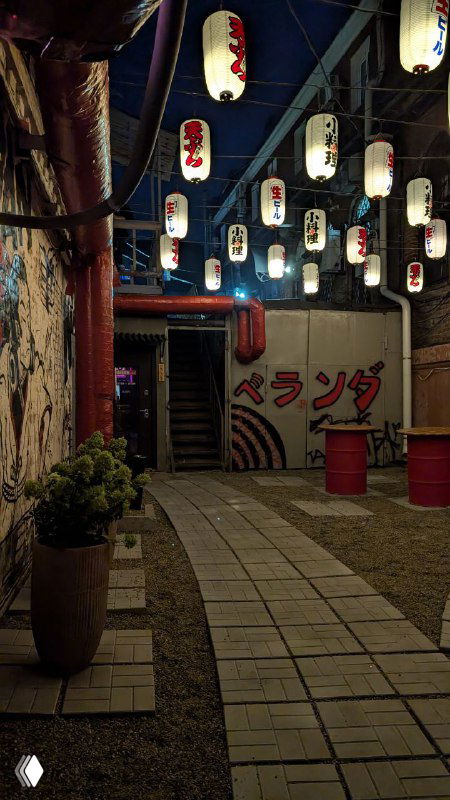 Узкая улица с японскими фонарями и вывесками, создающая азиатскую атмосферу в одном из районов Владивостока, вечерний кадр.