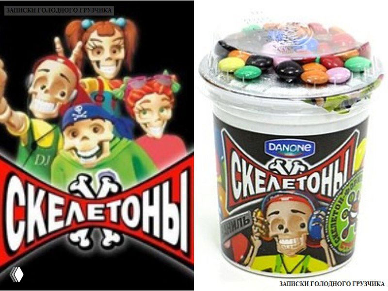 Упаковка и стакан с продуктом «Скелетоны» (Danone): мультяшные скелеты на этикетке и конфеты под прозрачной крышкой