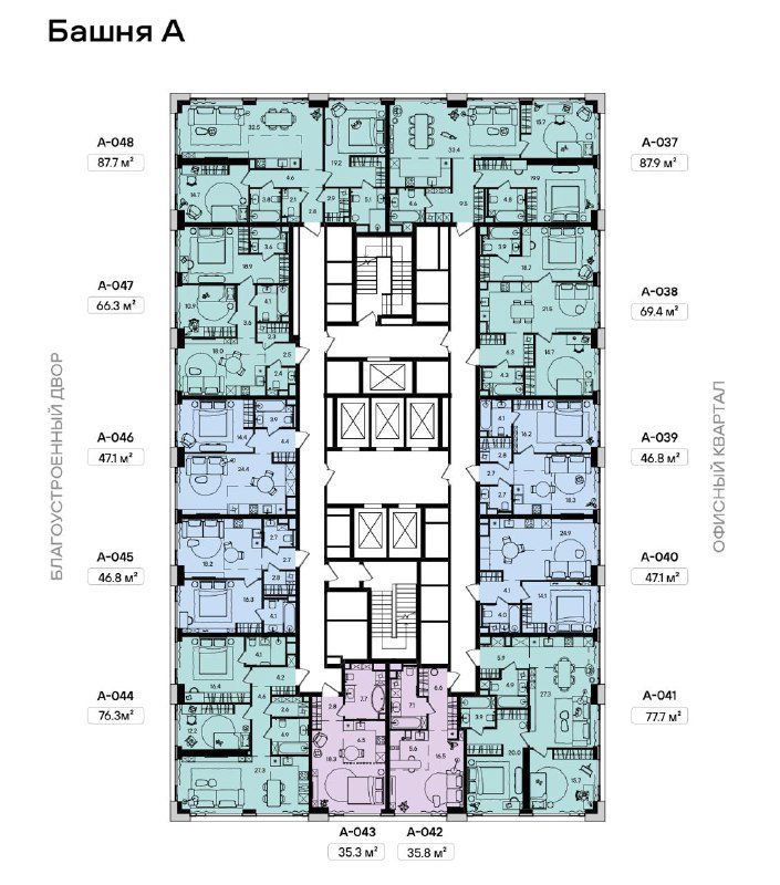 Планировка этажа Башни А комплекса STONE Grain с обозначением квартир, лифтовых зон и шахт коммуникаций.