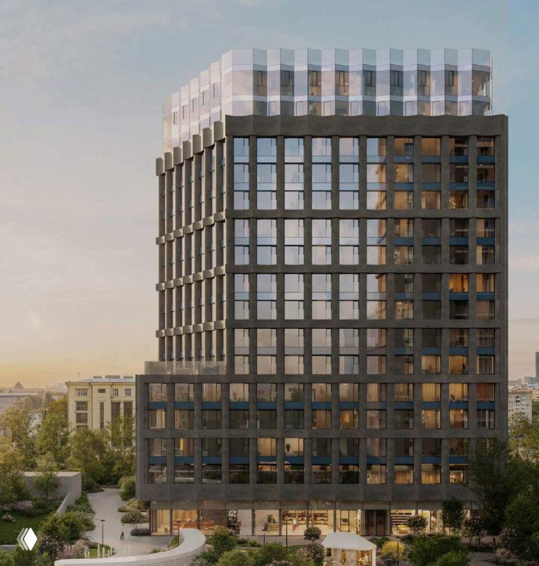 Рендер фасада корпуса ЖК MИRA: детальное изображение архитектурной сетки, крупных панорамных окон и материалов отделки вблизи.