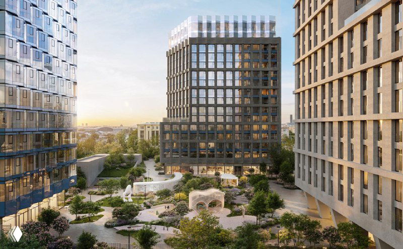 Визуализация внутреннего двора и благоустройства ЖК MИRA: пешеходные зоны, озеленение и композиция общественных пространств между корпусами.