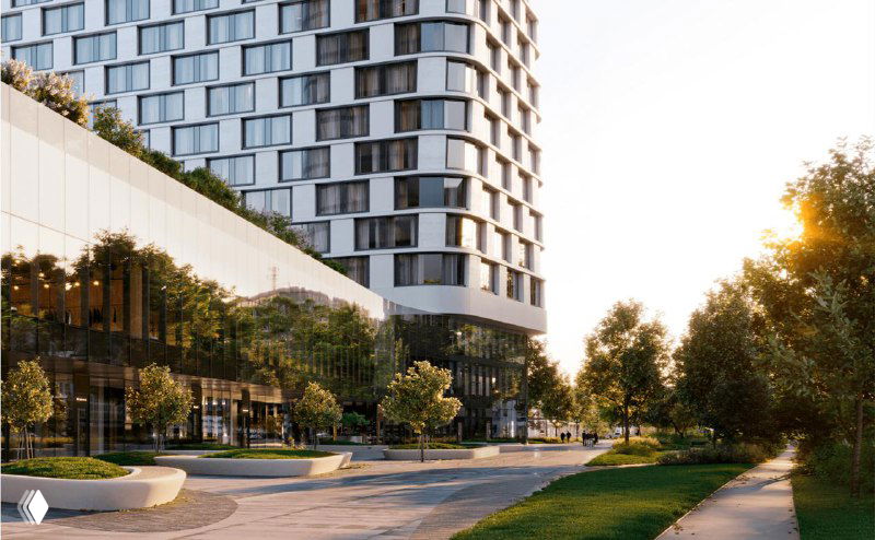 Визуализация благоустройства двора ЖК Solos: пешеходные зоны, озеленение и общественные пространства у подножия корпуса.