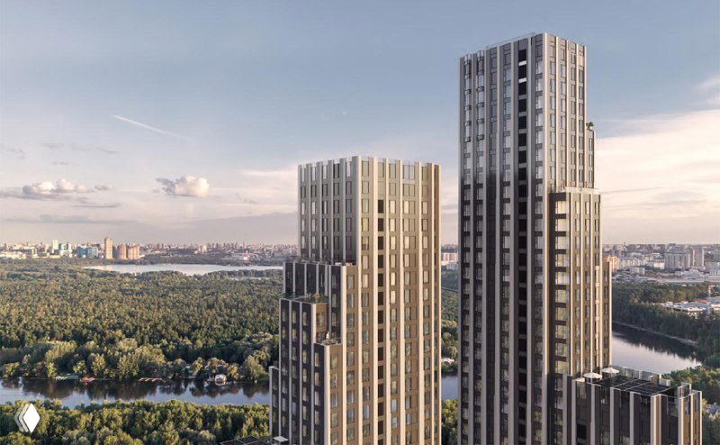 Рендер высотных корпусов ЖК «Крылатская 33» на фоне зелёной прибрежной зоны и панорамы Москвы, подчёркивающий видовые характеристики.