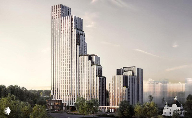 Перспектива комплекса среди зелёной зоны: корпуса ЖК «Крылатская 33» на фоне парковых массивов и близлежащей инфраструктуры.