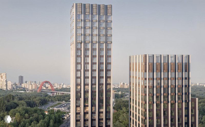 Фрагмент фасада одного из корпусов ЖК «Крылатская 33»: панорамные окна, отделочные решения и высотная композиция на рендере.