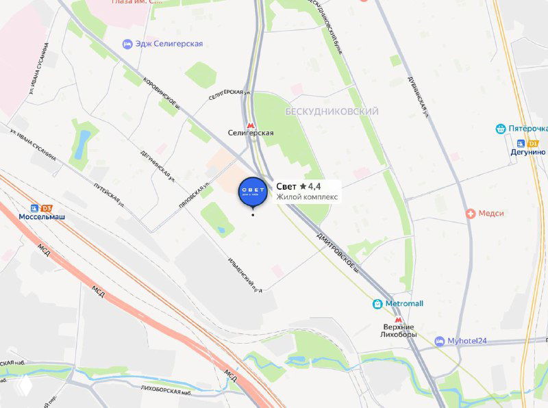 Карта расположения проекта у м. Селигерская: отметка на Дмитровском шоссе, границы участка и близлежащая инфраструктура вокруг ЖК СВЕТ