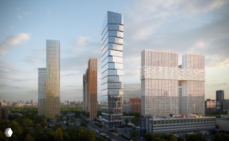 Аэрофотоплан квартала с несколькими башнями, показан объём застройки и соотношение плотности жилого комплекса к участку около 1 гектара