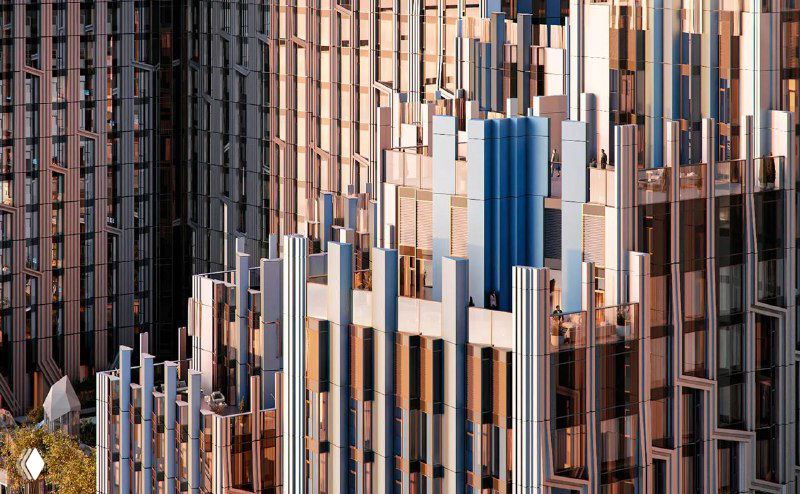 Приближённый рендер фасада одной из башен Ice Towers: архитектурные детали, ступенчатая структура и материалы отделки.