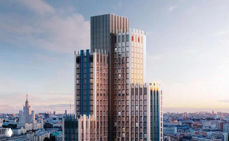 Общий панорамный рендер комплекса Ice Towers на фоне городской застройки: три башни разной высоты и окружающий город.