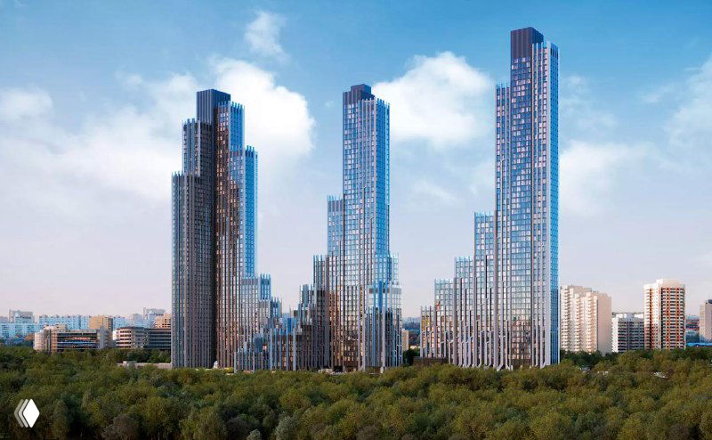 Рендер нескольких башен Ice Towers на фоне лесопарка: соотношение зелёной зоны и высотной застройки видимо в перспективе.