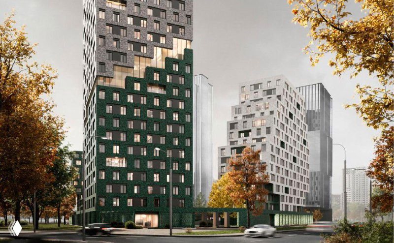 Уличная визуализация STONE Rise: корпуса на фоне осенней листвы, тротуары, проезд и коммерческие фасады на первом этаже