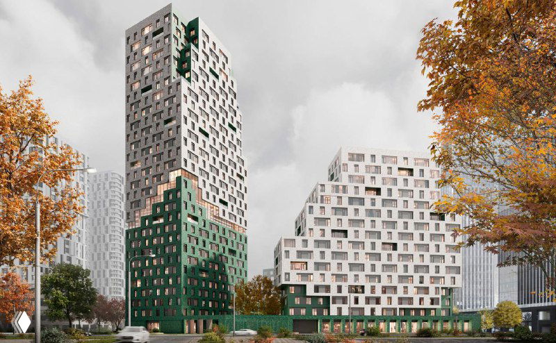 Общий ракурс проекта STONE Rise: три корпуса переменной этажности, объёмная композиция и приёмы фасадного решения от бюро Wall