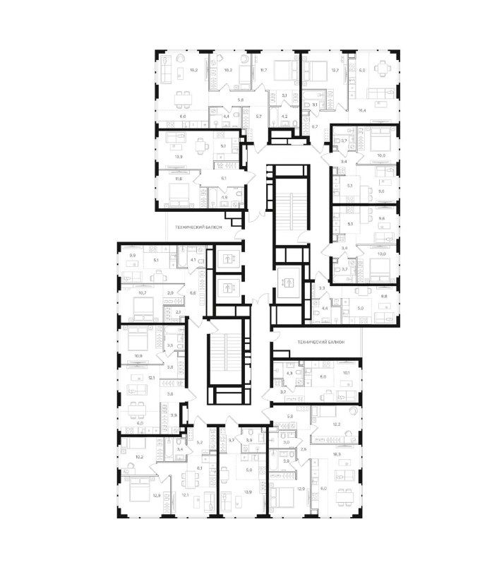 План типового этажа одного из корпусов ЖК «Мангазея»: расположение квартир, лифтовых холлов и варианты планировок в масштабе.