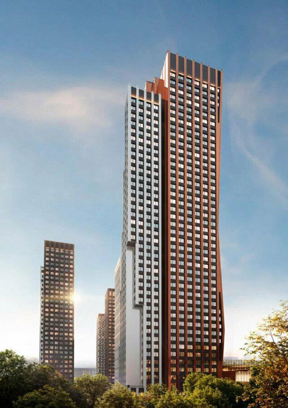 Высотная визуализация одной из башен проекта «Мангазея в Богородском»: фасад, композиция здания и соседние корпуса на чистом небе.