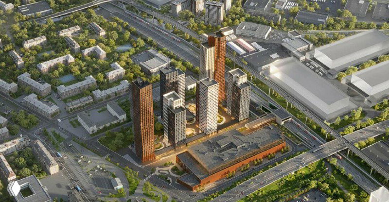 Аэрофотоплан проекта «Мангазея в Богородском»: общий вид комплекса, расположение торговой части, подъездных магистралей и соседних промышленных зон.