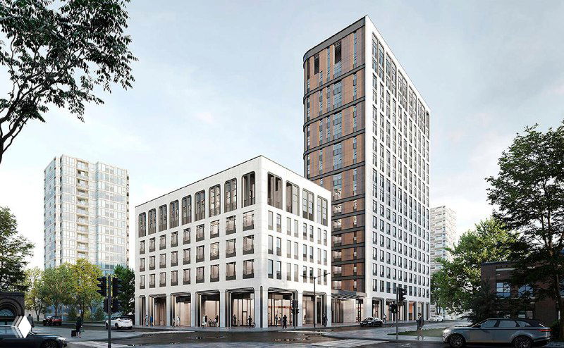 Архитектурная визуализация фасада и входной группы ЖК Mariinn Park: сочетание низкой и высокой секций, современные фасадные материалы и прозрачные витрины.